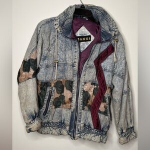 Vintage Acid-Wash Denim Jacket with Maroon Accent
